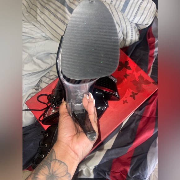 Black Exotic Dance Latex Lace Back Open Toe Platform Heel - Picture 3 of 6